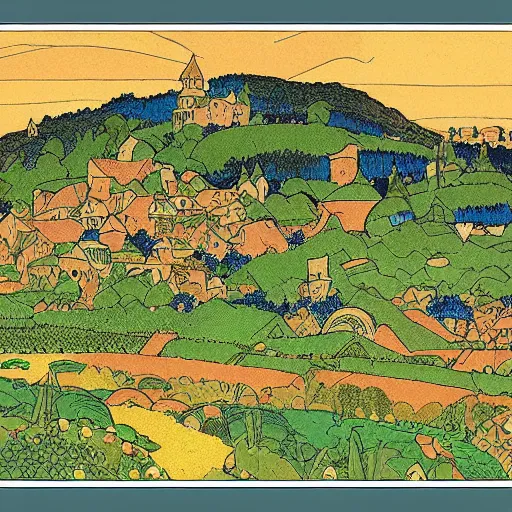 Image similar to detailed print of a landscape of a medieval village and crops by ivan bilibin and edmund dulac and ilya kuvshinov and katsuhiro otomo. full color scheme