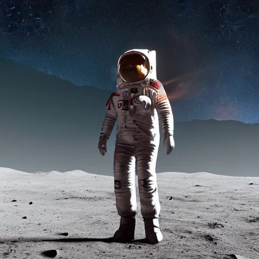 Image similar to cowboy on the moon, standing pose, planet earth background, photorealistic, octane render, blender render, unreal engine