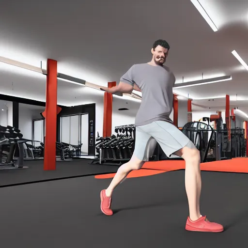 Prompt: unreal engine hyperreallistic render 8k of a large man dancing poorly at a gym bright vibrant lights gym equipment weights scattered around the floor