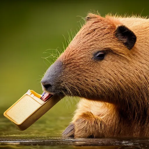 Image similar to cute capybara eating a nvidia gpu, chewing on a graphic card, wildlife photography, bokeh, sharp focus, 3 5 mm, taken by sony a 7 r, 4 k, award winning