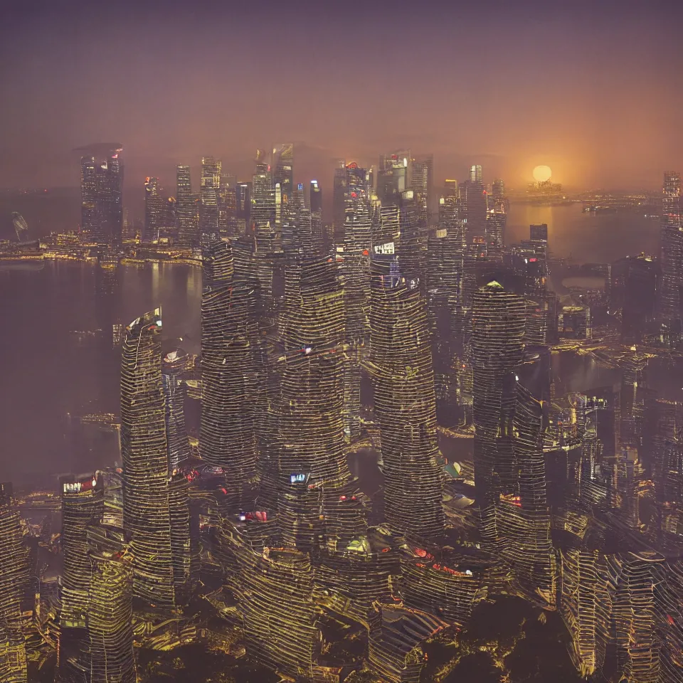 Prompt: a detailed futuristic painting of the Marina Bay Sands in Singapore at dusk. By Robert Bechtle, Paul Kratter, Geri Keary, Simon Stålenhag. Concept art, CGSociety, Octane. Trending on ArtStation, 8k, UHD, HDR