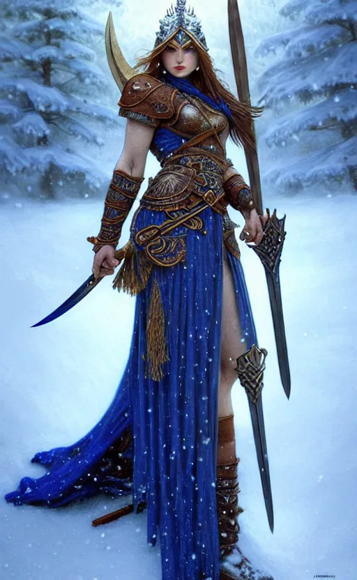 Image similar to lapis lazuli viking warrior, regal, elegant, winter, snow, beautiful, stunning, hd, illustration, epic, d & d, fantasy, intricate, elegant, highly detailed, wide angle, digital painting, artstation, concept art, smooth, sharp focus, illustration, wallpaper, art by artgerm and greg rutkowski and alphonse mucha and jin xiaodi