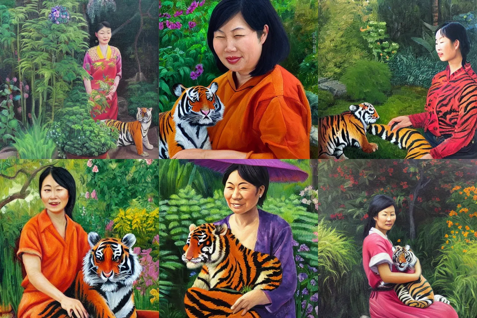 Prompt: asian woman in her garden with her pet tiger, detailed oil painting