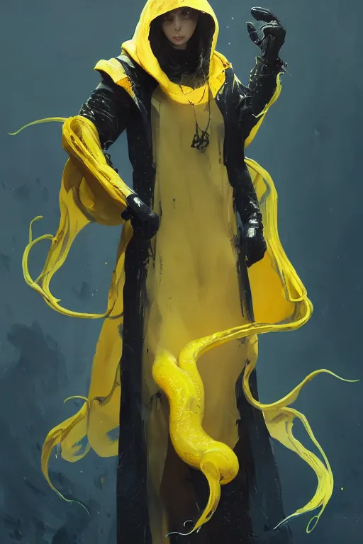 Prompt: A full body portrait of a mysterious character with a very long yellow hooded cloak with tentacles instead of feet art by Maciej Kuciara and Jason Chan, trending on artstation, Ultra detailed, hyper realistic 4k