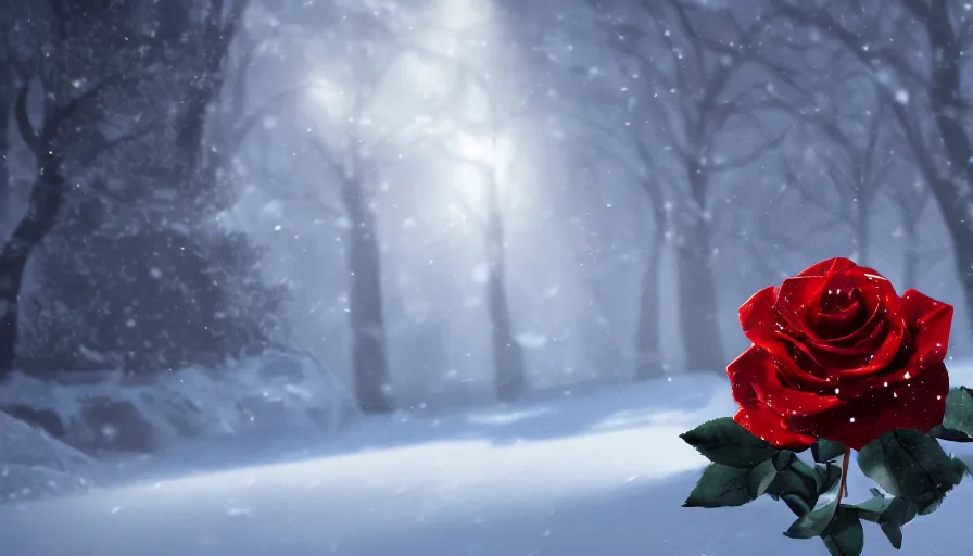 Image similar to red rose in the snow, sunlight, volumetric light, hyperdetailed, artstation, cgsociety, 8 k