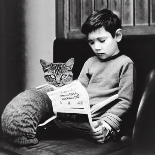 Prompt: photograph of a kid reading the newspaper to a cat, black and white, vintage photography