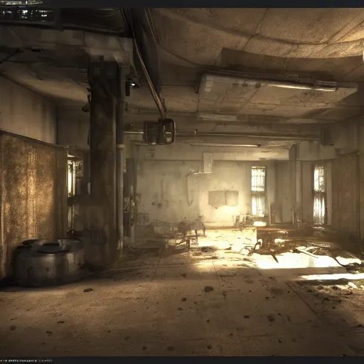 Image similar to fallout concept art building interior render grim realistic lighting unreal engine 5