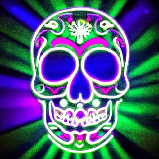 Prompt: “sugar skull made of chrome, neon lighting, digital art”