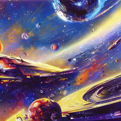 Image similar to space background warp, concept art oil painting, loosely detailed, brush hard by john berkey