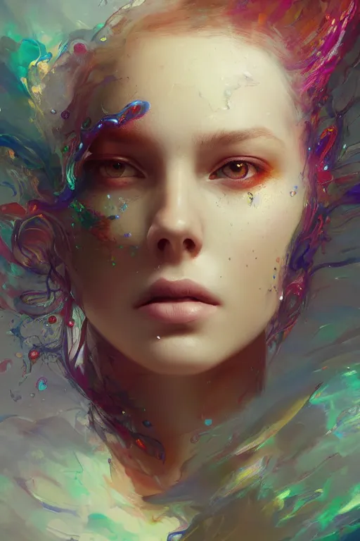 Prompt: face closeup of beautiful girl in intricate detailed color smashing fluid oilpaint, 3 d render, hyper realistic detailed portrait, color leaves, ruan jia, wlop. scifi, fantasy, hyper detailed, octane render, concept art, by peter mohrbacher, by wlop, by ruan jia