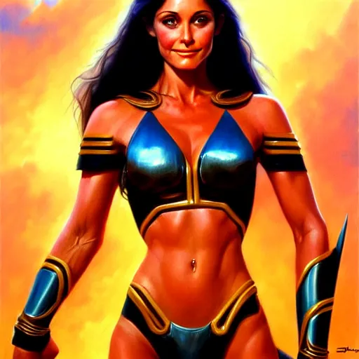 Image similar to portrait of young courtney cox as an amazon girl, full body, painted by stanley artgerm, boris vallejo, fantasy art, sleek curves, sharp focus, trending on artstation hq, deviantart