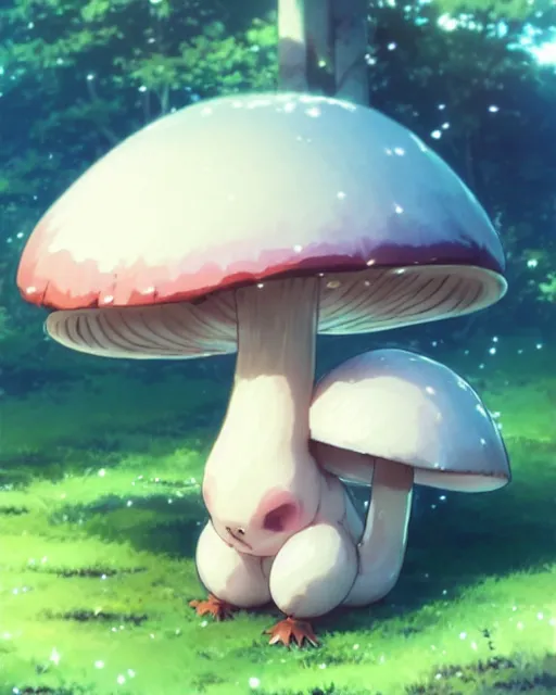 Image similar to a cute thicc mushroom creature ， by makoto shinkai an krenz cushart