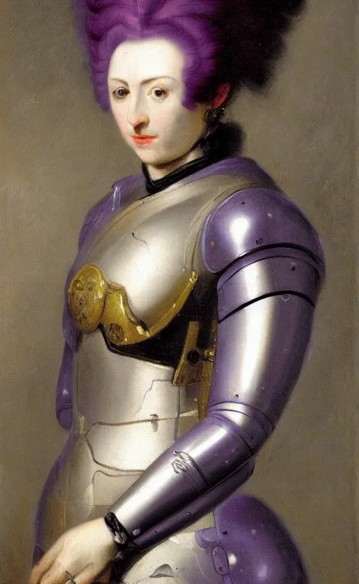 Prompt: close up portrait of a pale woman in bionic space marine armor with purple hair, classic oil painting, oil on canvas, intricate detail, joseph ducreux, aged, worn