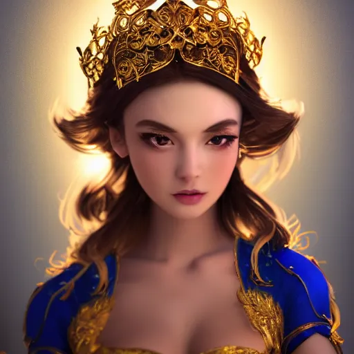 Image similar to a photographic portrait of an fantasy 30 years old princess with a deep blue sapphire and gold diadem, wider view, warmer colours, more tan face, light brown hair, cinematic light, by Zhang Jigna, canon 50mm, bokeh, artstation