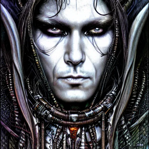 Image similar to a closeup portrait photograph of an art nouveau cyberpunk shaman by ted nasmith, luis royo and brom