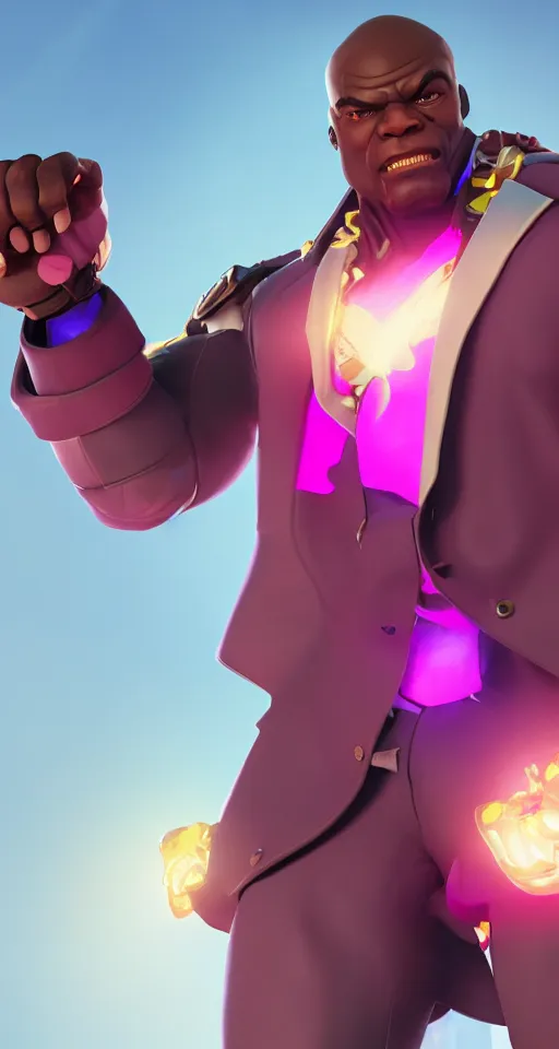 Image similar to doomfist, pink blazer, overwatch game, digital art, high detailed, artstation, octane render