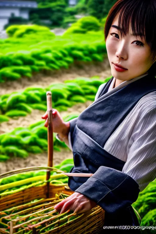 Image similar to japanesse farmer, cinematic view, bokeh, extreme detailed, vogue photo style, proffesional photographer style, proportional, dynamic composition, face features, comfort posse, smooth, sharp focus, body features, ultra realistic, award winning photo, captured by nikon d 8 5 0, 4 5. 7 mp lens, 4 k, full body.