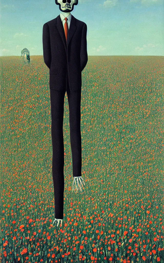 Image similar to human skeleton in a suit looking at you at distance in beautiful meadow of flowers, detailed painting by rene magritte