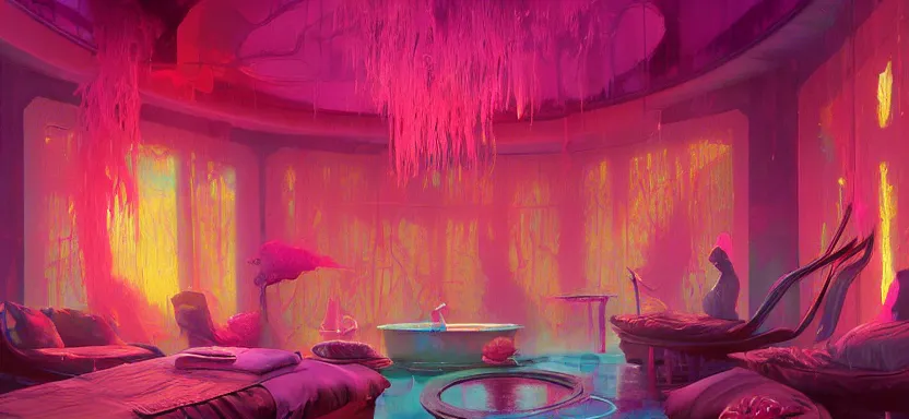 Image similar to beautiful masterpiece painting of a luxurious day spa in a future radioactive glowing swamp, cryogenic day spa treatment, grunge cyberpunk, by Remedios Varo and Anato Finnstark and Greg Rutkowski, dayglo pink, dayglo blue, by Craig Mullins, ilya kuvshinov, krenz cushart, artgerm, 8k, trending on ArtStation