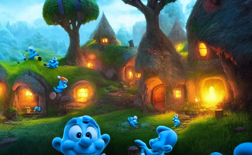 Image similar to a beautiful photo the smurfs village, hyper realistic, natural light, concept art,, cozy atmospheric and cinematic lighting