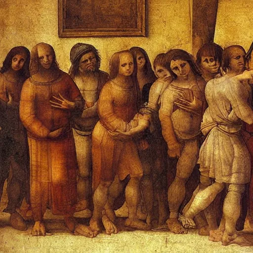 Image similar to detailed painting of students suffering in university by leonardo da vinci