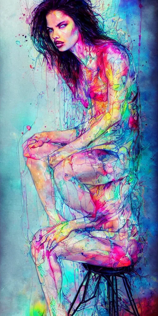 Image similar to adriana lima by agnes cecile enki bilal moebius, intricated details, sitting on a stool, full body portrait, extremely luminous bright design, pastel colours, drips, autumn lights