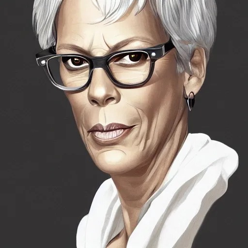 Image similar to jamie lee curtis, full body, tired, serious, intelligent, powerful, white hair, fully clothed, wise, beautiful, by stanley artgerm, soft lighting, trending on artstation, flat colour