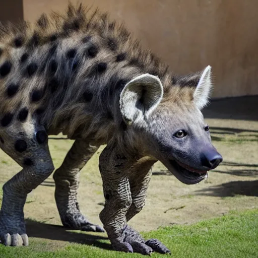 Image similar to hyena and robot hybrid, half robot half hyena, realistic proportions, picture taken in zoo, highly detailed