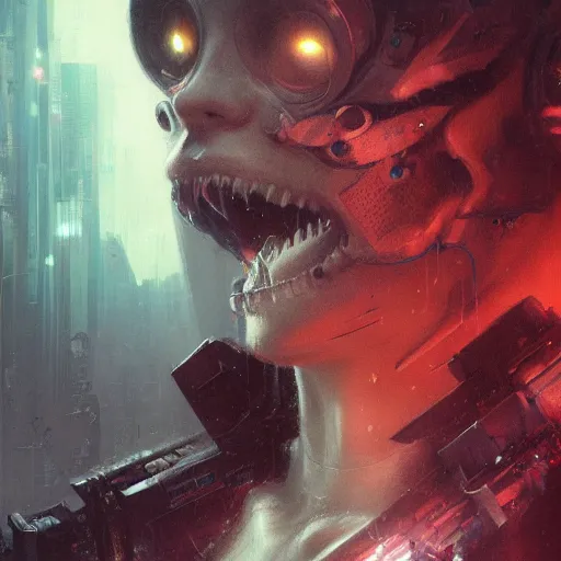 Image similar to portrait of a horrific cyberpunk monster, concept by greg rutkowski, highly detailed, sci-fi, sharp focus,