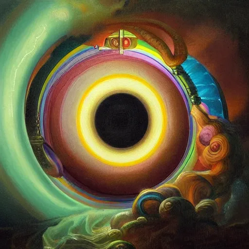 Prompt: painting of rainbow ophanim surrounded by large diagonally rotating rings, giant eyeball in the middle of the ophanim, by roberto ferri, amazing details, mythological, biblical, beautiful composition