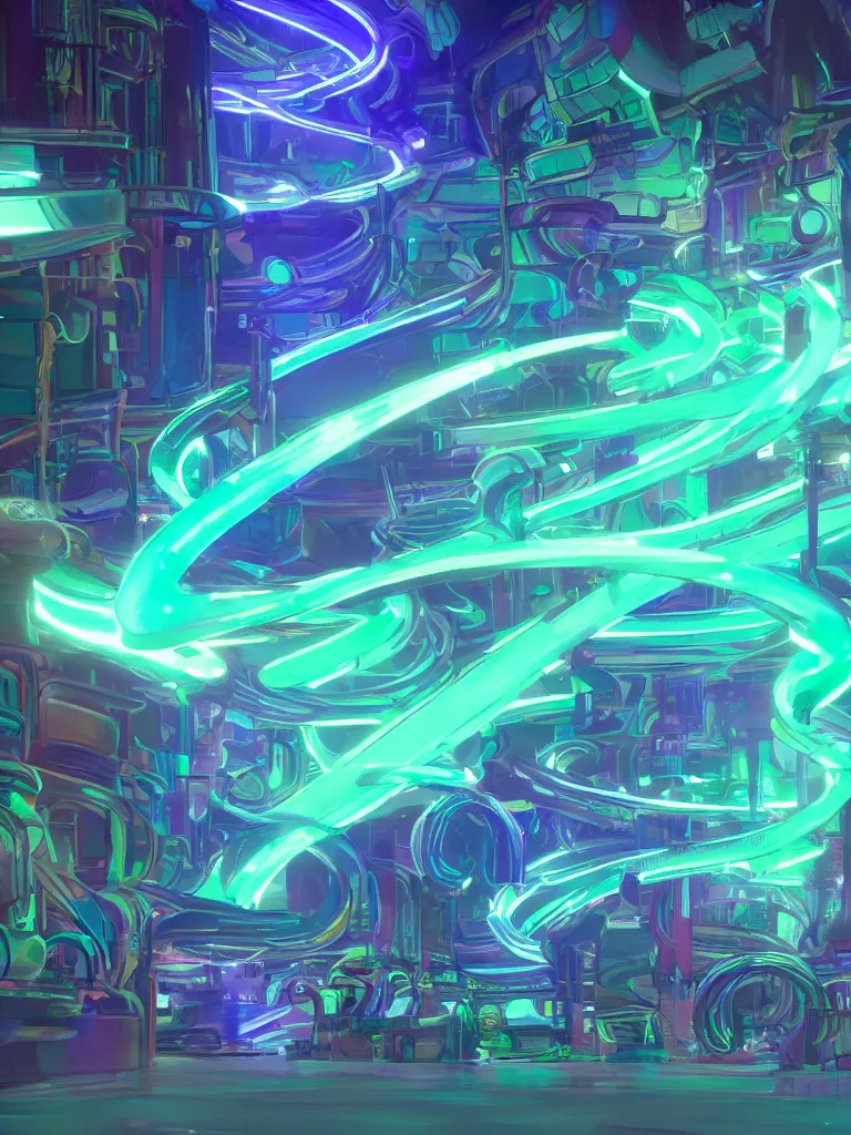 Prompt: glowing neon fluid flowing through mekanism pipes by disney concept artists, blunt borders, rule of thirds