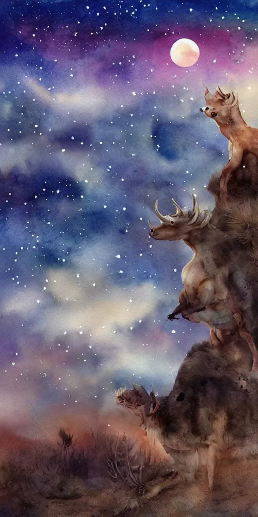 Image similar to fantasy animals standing in the desert with sky with stars in watercolor, cinematic, highly detailed wide, atmospheric lighting, muted colors