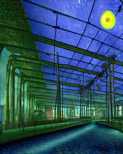 Prompt: industrial architecture by vincent van gogh, myst tron nature laser at night rainforest forest atlantis lightpaint infrared futuristic water neptune azeroth dramatic lighting vice city at dusk evil, archdaily, wallpaper, highly detailed, trending on artstation.