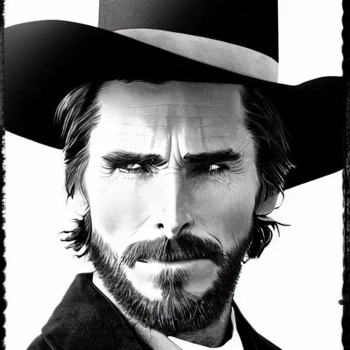 Prompt: an 1 8 0 0 s photo of christian bale playing the role of clint eastwood, squinting at high noon, in the style of a clint eastwood movie, the good, the bad and the ugly, vibe, glory days, mount rushmore, justice, american flag, independence, patriotism, black and white, artgerm