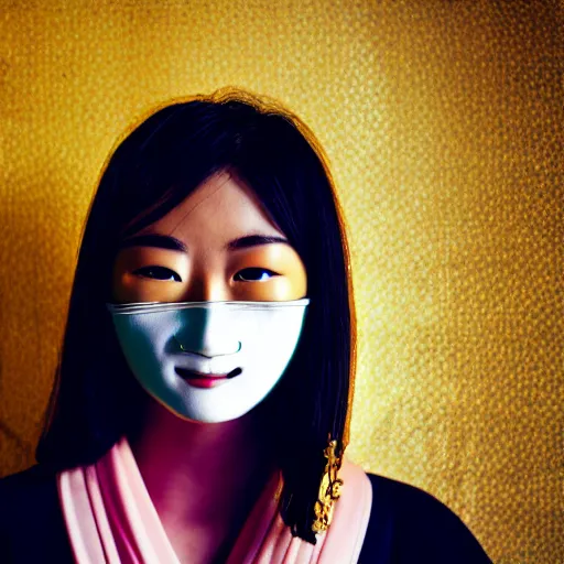 Prompt: japanese female balaclava mask with golden necklace and kimono, photo portrait, beautiful female model, tokyo, city neon light, bokeh, long exposure, kodak promax 4 0 0, sony lens, golden fractals and dmt