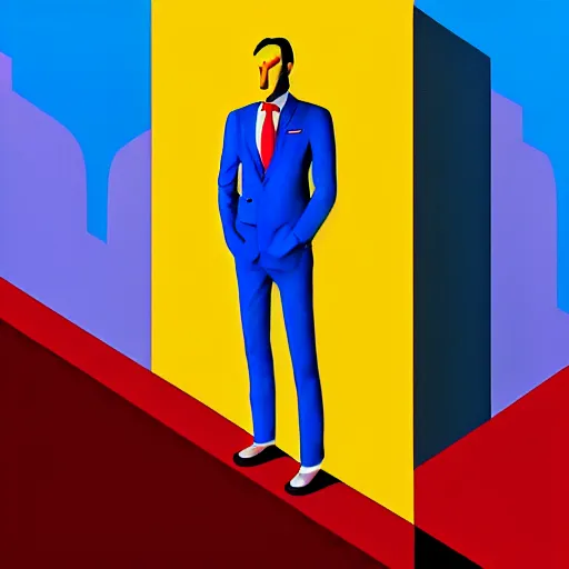 Image similar to ultra realistic portrait ofa man in suit in a studio, ultra detailed, under blue, red and yellow cinematic lighting, escher, cartoon, monument valley, salvador dali