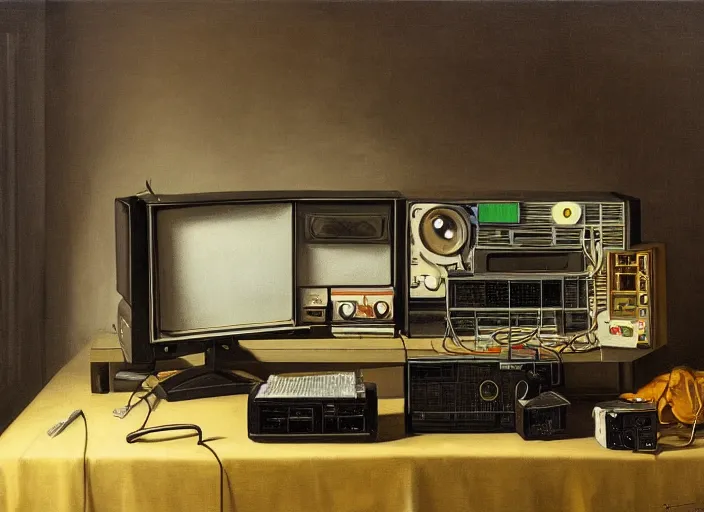 Image similar to still life painting of a retro electronics supercomputer workstation by pieter claesz, oil on canvas, blade runner vibes, syd mead concept art, strong lighting, highly detailed, ultrawide monitor master race, battlestation, hyper realism, golden hour, god rays, hd, 4 k