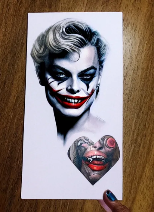 Image similar to tattoo design of beautiful margot robbie slightly smiling with joker makeup on the mouth and holding ace card, in the style of den yakovlev, realistic face, black and white, realism tattoo, hyper realistic, highly detailed