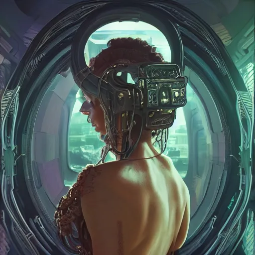 Image similar to portrait of Medusa with vr headset, cyberpunk, thick cables on the head, futuristic hi-tech details, ominous, intricate, art by anthony macbain + greg rutkowski + alphonse mucha, concept art, 4k, sharp focus, cinematic unreal engine