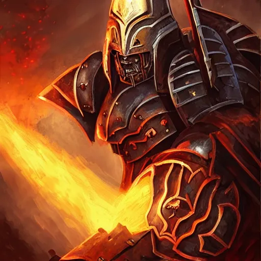 Prompt: Ares with heavy armor and sword, heavy knight helmet, dark sword in Ares's hand, war theme, bloodbath battlefield, fiery battle coloring, hearthstone art style, epic fantasy style art, fantasy epic digital art, epic fantasy card game art