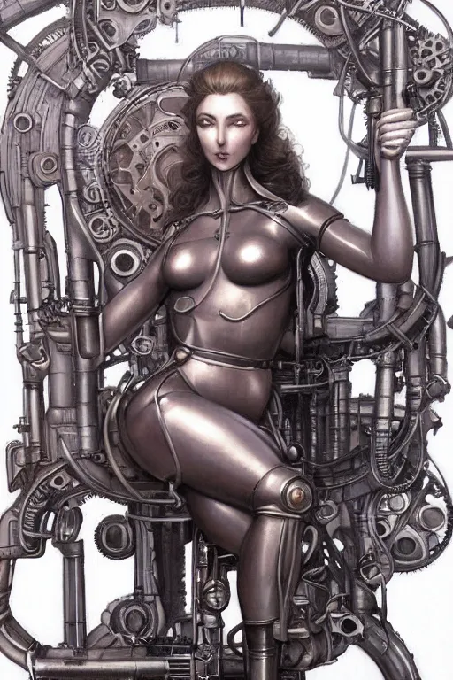 Image similar to retrofuturistic female android tied to a chair, steampunk, gears, detailed mechanical parts, painting by artgerm julie bell Jean Delville