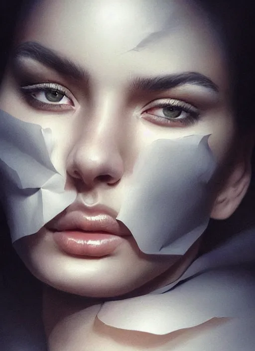 Image similar to wrinkled paper that casts shadows that look like mountains! dream photo of a gorgeous young woman in the style of stefan kostic, realistic, sharp focus, 8 k high definition, insanely detailed, intricate, elegant, art by stanley lau and artgerm