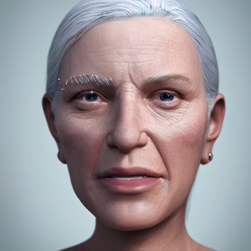 Image similar to 3 d render by annie leibovitz hyper detailed, realistic female face and shoulders, white skin made from painted porcelain, white hair, fine facial features, white eyes and eyelashes, 8 k, 1 5 0 ml lens, elegant, white background pastel blue lighting, octane render, volumetric lighting