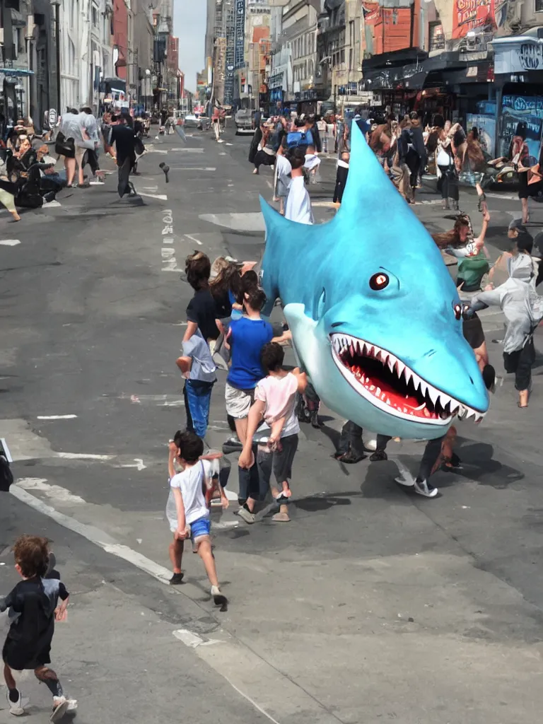 Prompt: giant street shark powering up