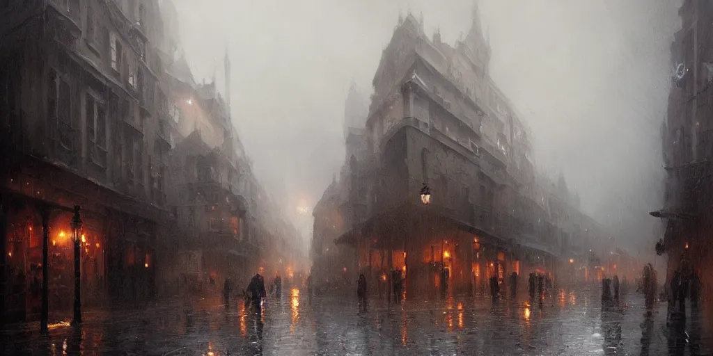 Image similar to an oil painting of a downpour in the middle of the street of a medieval city, moody lighting, fog, dark fantasy, by greg rutkowski, trending on artstation