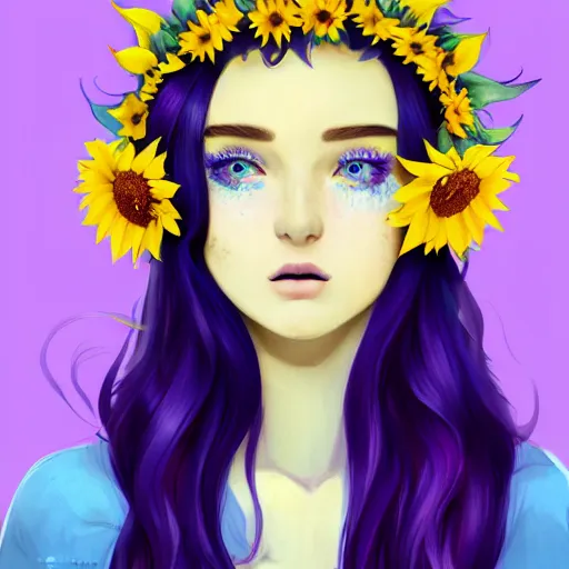 Prompt: a beautiful stunning matte digital portrait illustration of a blue-eyed woman with freckles and violet hair wearing a yellow sunflower crown, in the style of Ross Tran, trending on artstation, contest winner