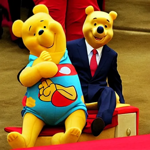 Image similar to winnie the pooh sitting on xi jinping lap