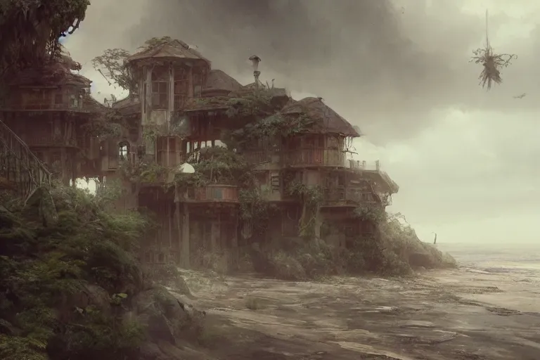 Image similar to a profoundly exotic home sitting amongst a rabid landscape weeping with sorrows and anxiety, overlooking a lively beach, digital painting by greg rutkowski and gaston bussiere, cgsociety contest winner, heavily overcast sky, dimly sad atmosphere, intricately defined, zbrush, comprehensive art, 4 k