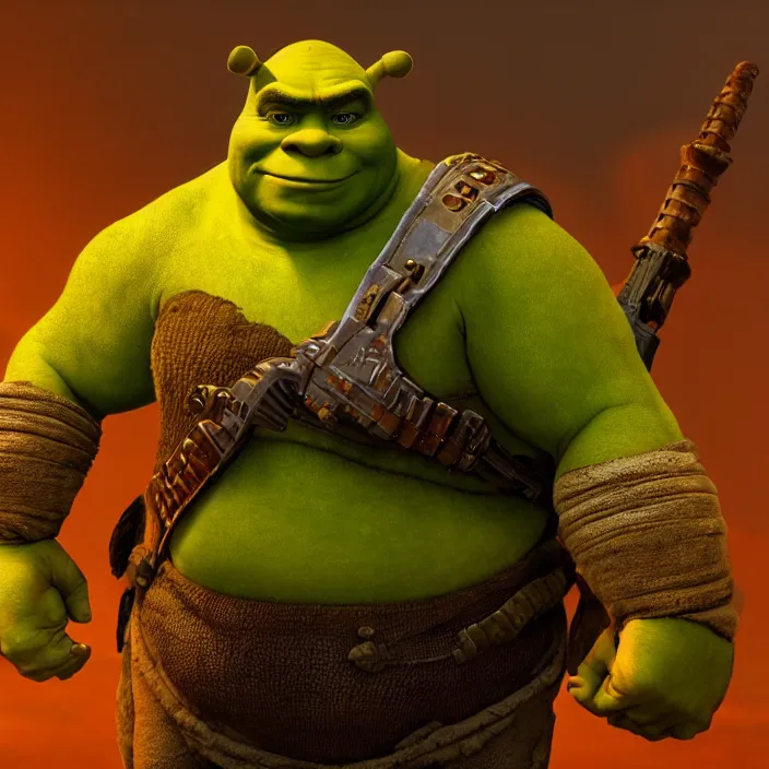 Image similar to Shrek as a Doom Slayer, unreal engine 5, octane render, HDR, focus, brutal, high detail, Doom Eternal