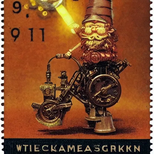 Image similar to steampunk orange mohawk Streetfighter Gnome Santa riding an intricate clockwork gearwork automaton golem vehicle traveling stamp postcard winslow homer craig j. spearing thomas eakins